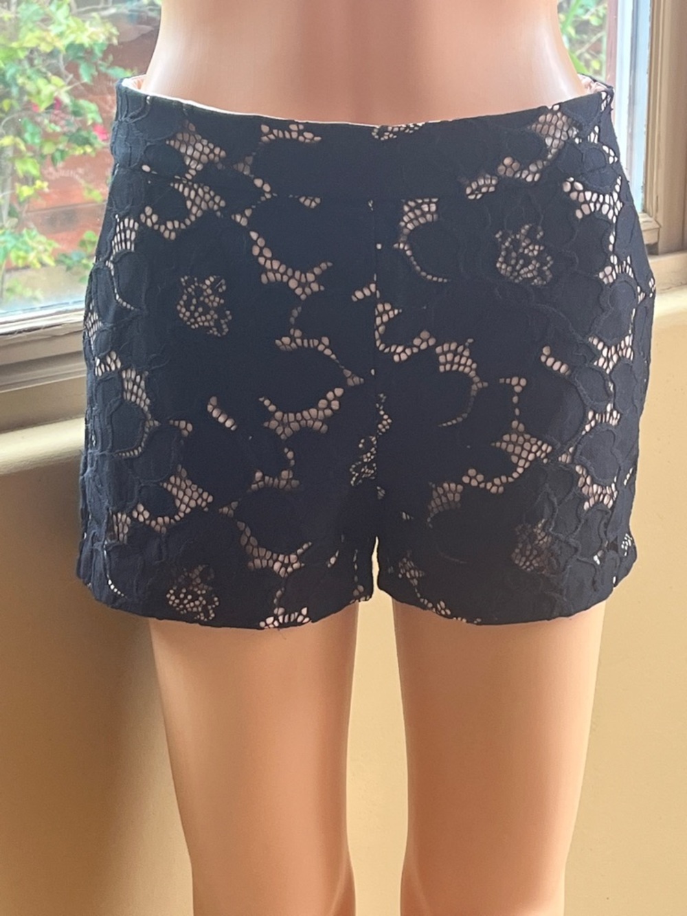 Express Black Lace Overlay Shorts with Nude Underlay